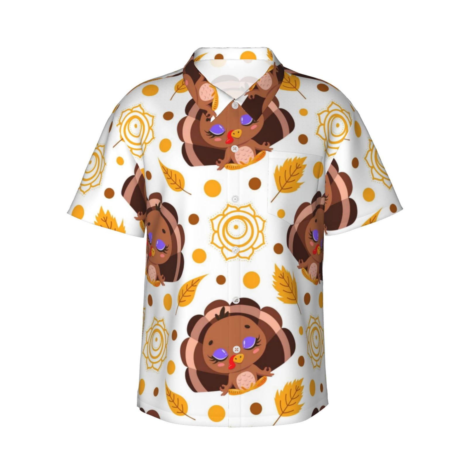 Logiee Fall Turkey Print Mens Hawaiian Shirts,Loose-Fit Short Sleeve Button Down Tropical Aloha Beach Shirt,Summer Vacation Wedding Tops,Large