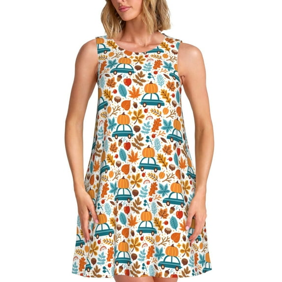 Logiee Falling Pumpkins On Car Print Summer Dresses for Women,Beach Sleeveless Flowy Pocket Tshirt Tank Sundresses,Women's Sleeveless Dress
