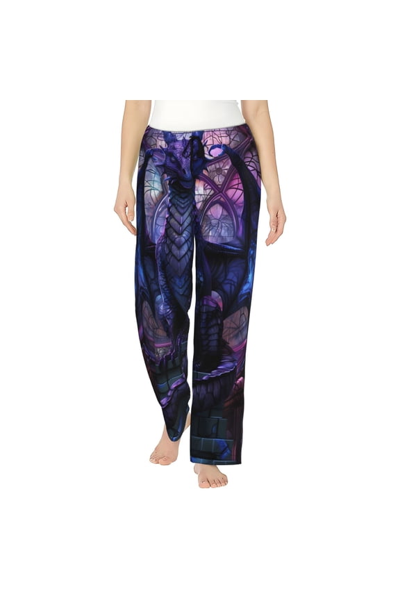 Fantasy Dragon In Cathedral Print Women Pajama Pants,Comfy Pj Bottom with Pockets & Drawstring,Stretch Casual Sleepwear-Small