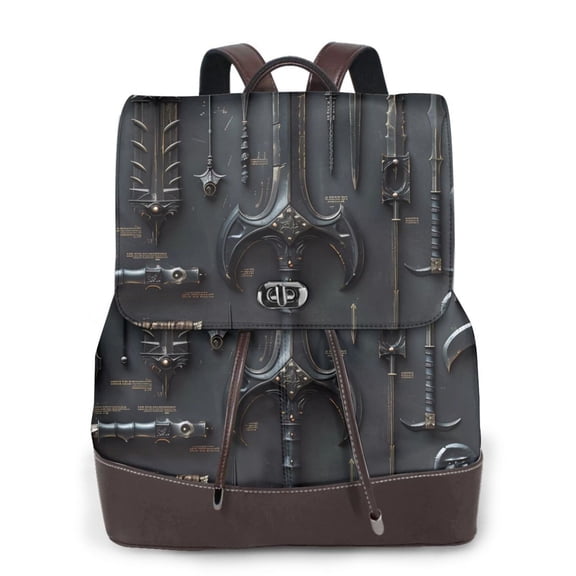 Gaeub Fantasy Medieval Weaponry Print Women's Leather Backpack,Travel Laptop Backpack,Fashion Ladies Leather Backpack Bag for Travel,Leather Drawstring Daypack for Me
