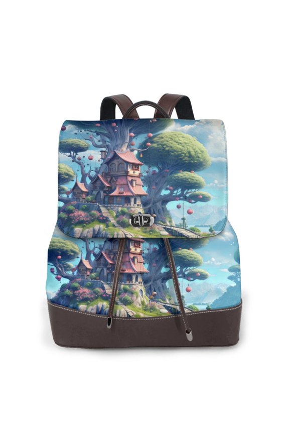 Logiee Fantasy Treehouse Planet Scene Print Backpack Purse for Women,Fashion Leather Backpack Purse,Women's Leather Backpack for Work College Travel