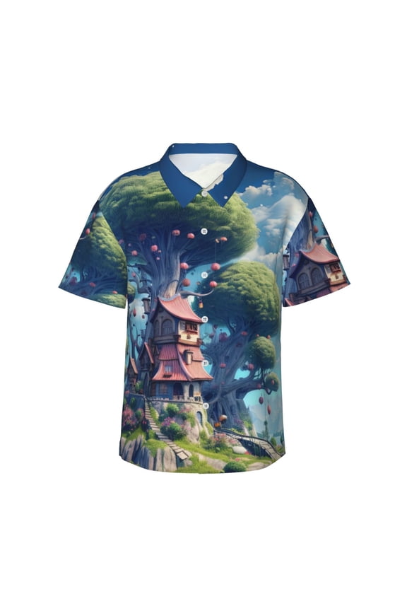 Fantasy Treehouse Planet Scene Print Mens Hawaiian Shirts,Loose-Fit Short Sleeve Button Down Tropical Aloha Beach Shirt,Summer Vacation Wedding Tops,