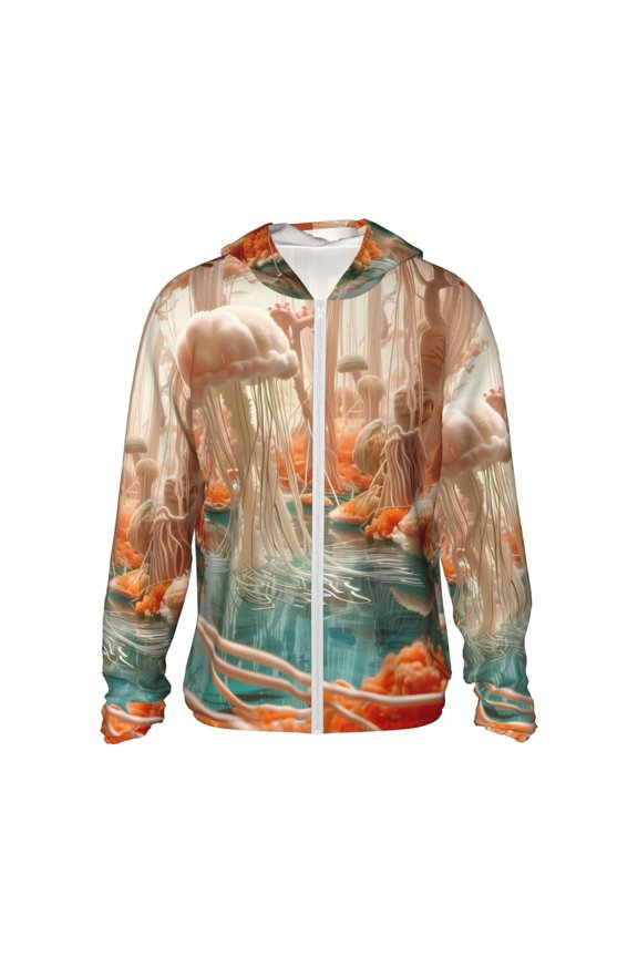 Fantasy Underwater Jellyfish Print Men's Women Light Jacket Full Zip Sun Protection Hoodie Long Sleeve Sun Shirts for Men Hiking Fishing Zip Pockets-