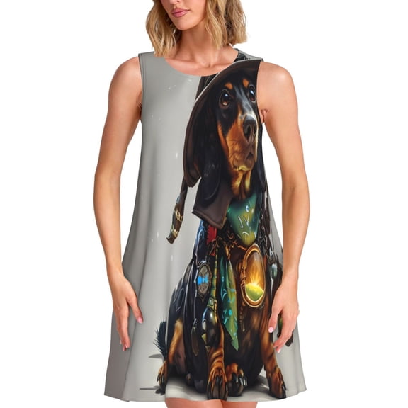 Logiee Fantasy Wizard Dog Art Print Summer Dresses for Women,Beach Sleeveless Flowy Pocket Tshirt Tank Sundresses,Women's Sleeveless Dress