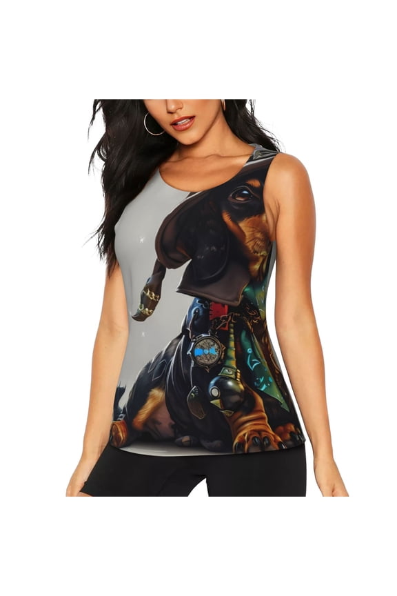 Fantasy Wizard Dog Art Print Women's Workout Tank Top, Dry Fit Summer Tank Top,Gym Yoga Workout Sports Tee,Sleeveless Athletic Shirts-XX-Large