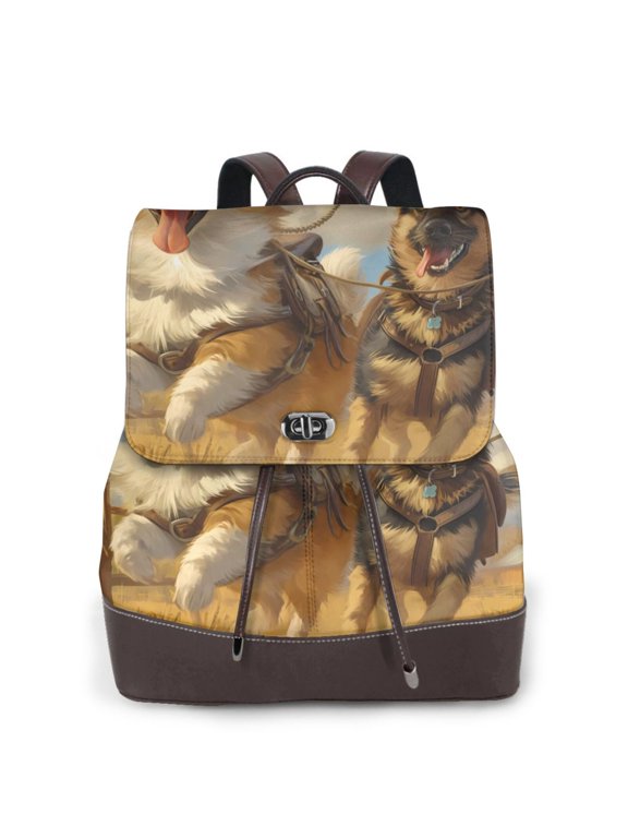 Farm Corgi German Shepherd Print Women's Leather Backpack,Travel Laptop Backpack,Fashion Ladies Leather Backpack Bag for Travel,Leather Drawstring Daypack for Me