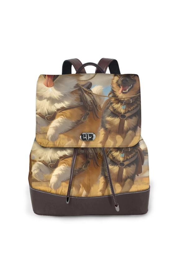 Farm Corgi German Shepherd Print Women's Leather Backpack,Travel Laptop Backpack,Fashion Ladies Leather Backpack Bag for Travel,Leather Drawstring Daypack for Me