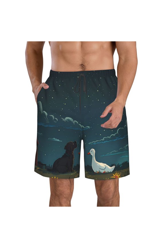 Farm Dog Duck Moonlight Print Mens Swim Trunks Quick Dry Board Shorts,Breathable Hawaii Beach Shorts Swimwear Bathing Suits-Small
