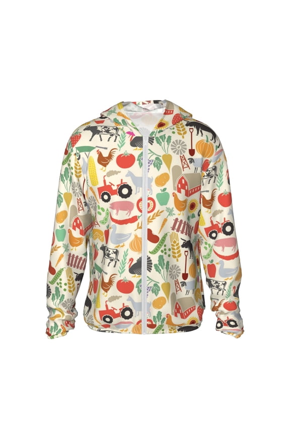 Farm Print Men's Women Light Jacket Full Zip Sun Protection Hoodie Long Sleeve Sun Shirts for Men Hiking Fishing Zip Pockets-Medium