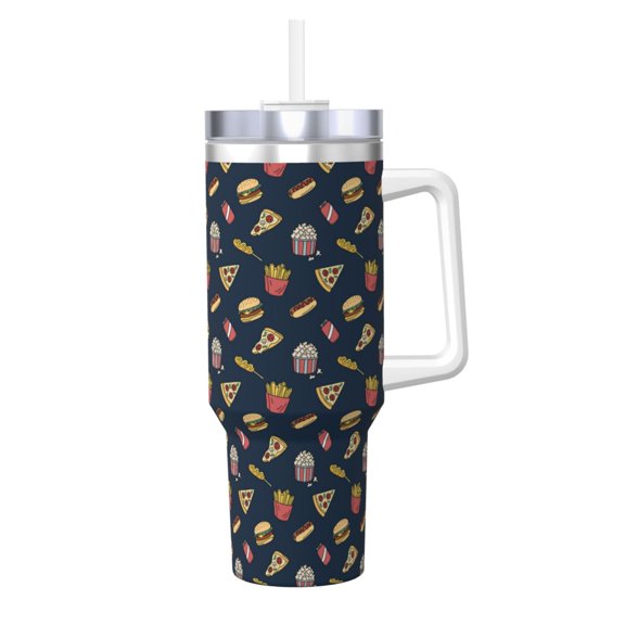 Logiee Fastfood Print 40OZ Ice Bully Cup with Handle and Straw, Double Wall Stainless Steel Tumbler,Travel Coffee Cup with Lid, Summer Insulation and Cooling Cup