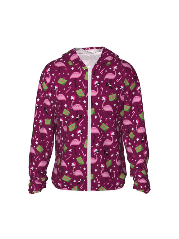 Festive Flamingos Print Men's Women Light Jacket Full Zip Sun Protection Hoodie Long Sleeve Sun Shirts for Men Hiking Fishing Zip Pockets-3X-Large