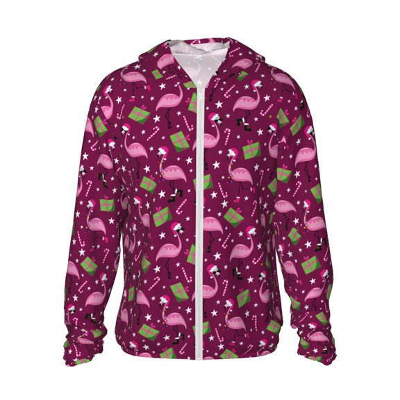 Logiee Festive Flamingos Print Men's Women Light Jacket Full Zip Sun Protection Hoodie Long Sleeve Sun Shirts for Men Hiking Fishing Zip Pockets-Small