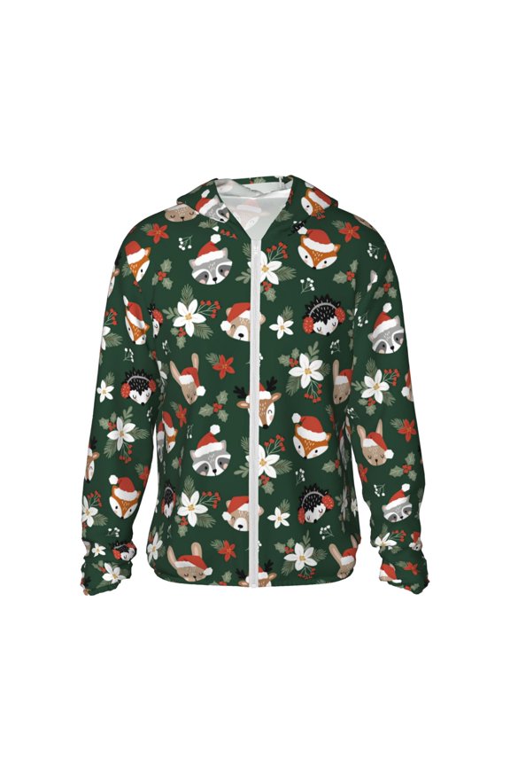 Festive Forest Friends Print Men's Women Light Jacket Full Zip Sun Protection Hoodie Long Sleeve Sun Shirts for Men Hiking Fishing Zip Pockets-Medium