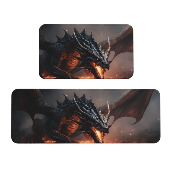 Logiee Fiery Black Dragon Attack Print Kitchen Mats for Floor Sets of 2,Waterproof Kitchen Rugs,Non Slip Comfort Standing Mat Rug for Home,Runner,Sink,Office,Laundry