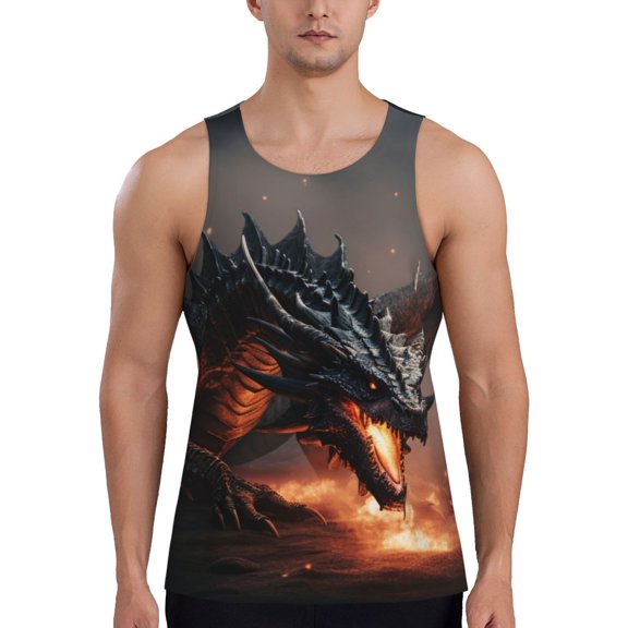 Logiee Fiery Black Dragon Attack Print Men's Workout Tank Top,Quick Dry Workout Tank Top,Gym Muscle Tee,Fitness Bodybuilding Sleeveless T Shirt-Large