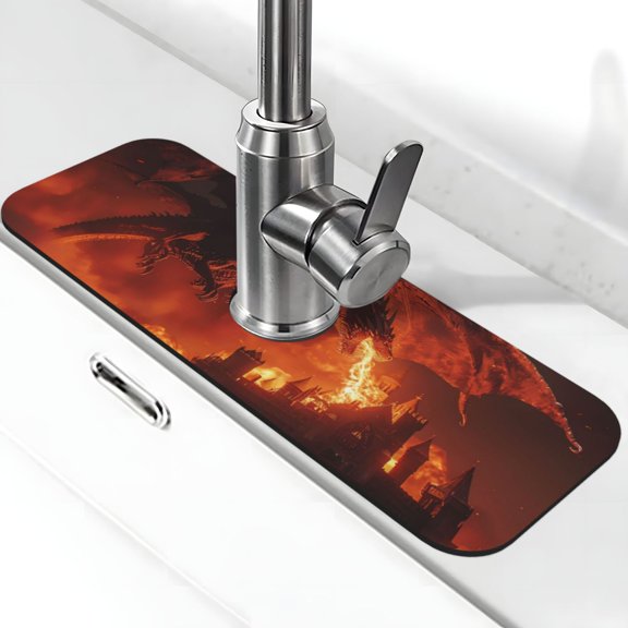 Logiee Fiery Dragons Castle Attack Print Kitchen Sink Splash Guard Faucet Mat for Splash Guard Behind Faucet Drip Catcher for Kitchen,Bathroom,Sink Mat,Dish Drying Mat,Bathroom-15" X 5.5"