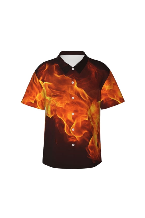Fiery Orange Flames Energy Print Mens Hawaiian Shirts,Loose-Fit Short Sleeve Button Down Tropical Aloha Beach Shirt,Summer Vacation Wedding Tops,Medium