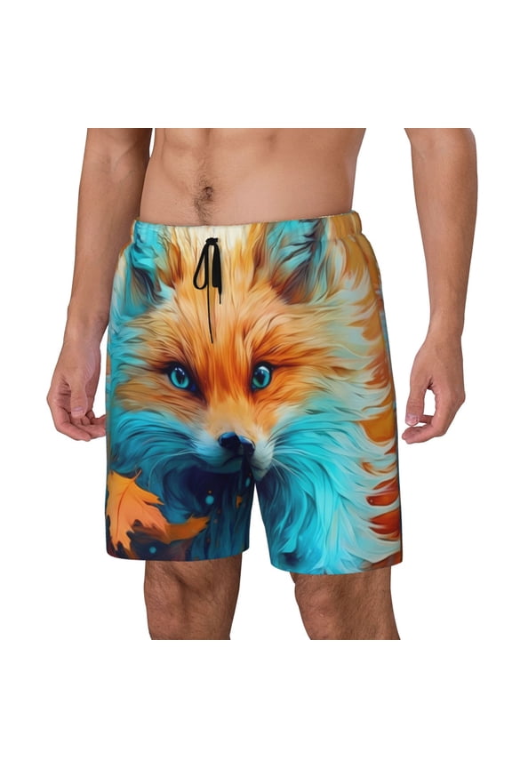 Fiery Red Maple Leaf Fox Print Men's Swim Trunk,Quick Dry Board Shorts ,Men's Swim Trunks with Compression Liner, Bathing Suits with Pockets-Small