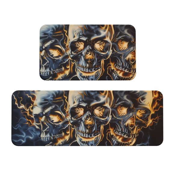 Logiee Fiery Skull Trio Print Kitchen Mats for Floor Sets of 2,Waterproof Kitchen Rugs,Non Slip Comfort Standing Mat Rug for Home,Runner,Sink,Office,Laundry