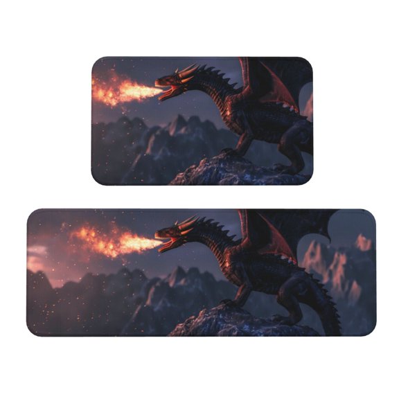 Logiee Fire Breathing Dragon Twilight Print Kitchen Mats for Floor Sets of 2,Waterproof Kitchen Rugs,Non Slip Comfort Standing Mat Rug for Home,Runner,Sink,Office,Laundry