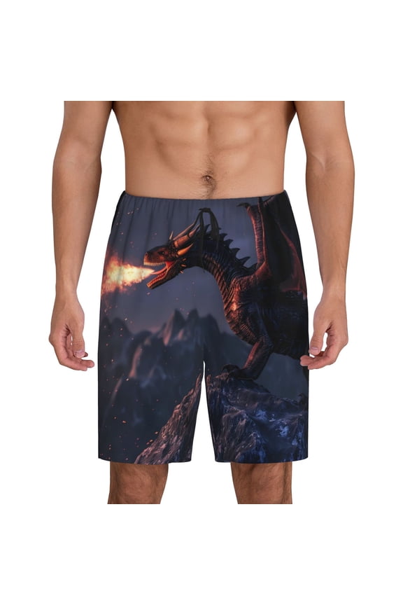 Fire Breathing Dragon Twilight Print Men's Pajama Shorts with Drawstring & Pockets,Sleep Shorts for Men,Sleepwear Bottoms,Elastic Waistband Loungewear-Small
