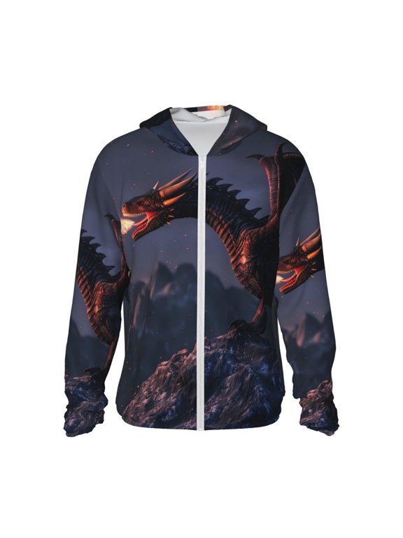 Fire Breathing Dragon Twilight Print Men's Women Light Jacket Full Zip Sun Protection Hoodie Long Sleeve Sun Shirts for Men Hiking Fishing Zip Pockets-XX-Large