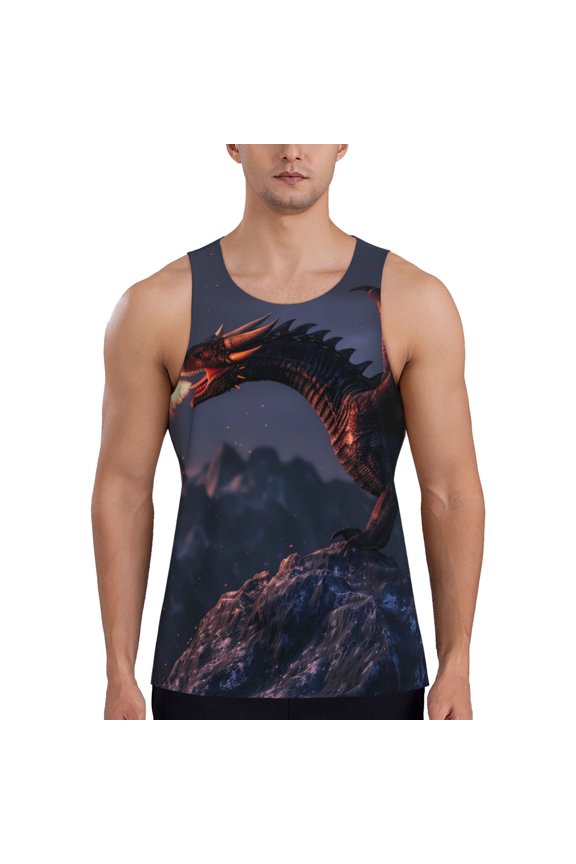 Fire Breathing Dragon Twilight Print Men's Workout Tank Top,Quick Dry Workout Tank Top,Gym Muscle Tee,Fitness Bodybuilding Sleeveless T Shirt-4X-Large