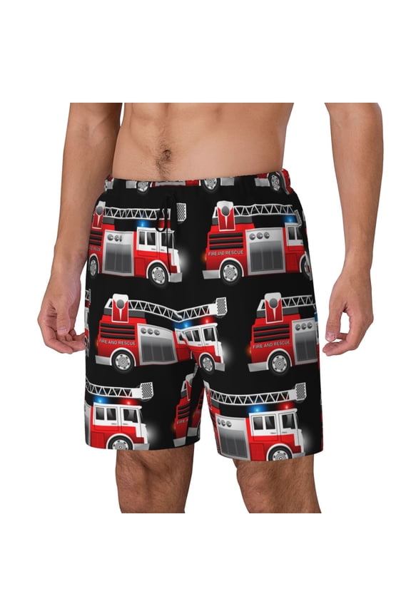Fire and Rescue Truck Print Men's Swim Trunk,Quick Dry Board Shorts ,Men's Swim Trunks with Compression Liner, Bathing Suits with Pockets-3X-Large