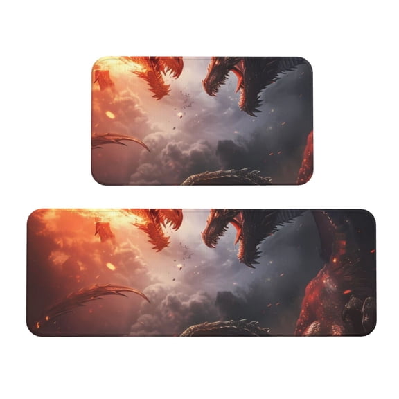 Logiee Fire Sky Dragon Print Kitchen Mats for Floor Sets of 2,Waterproof Kitchen Rugs,Non Slip Comfort Standing Mat Rug for Home,Runner,Sink,Office,Laundry