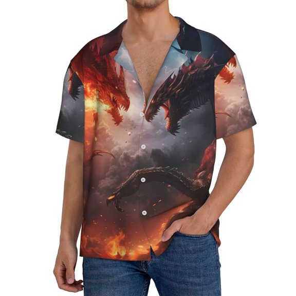 Logiee Fire Sky Dragon Print Men's Button Down Shirts Short Sleeve, Summer Beach Shirts,Vacation Wedding Shirts,Men's Casual Button-Down Shirts with Pocket-Large