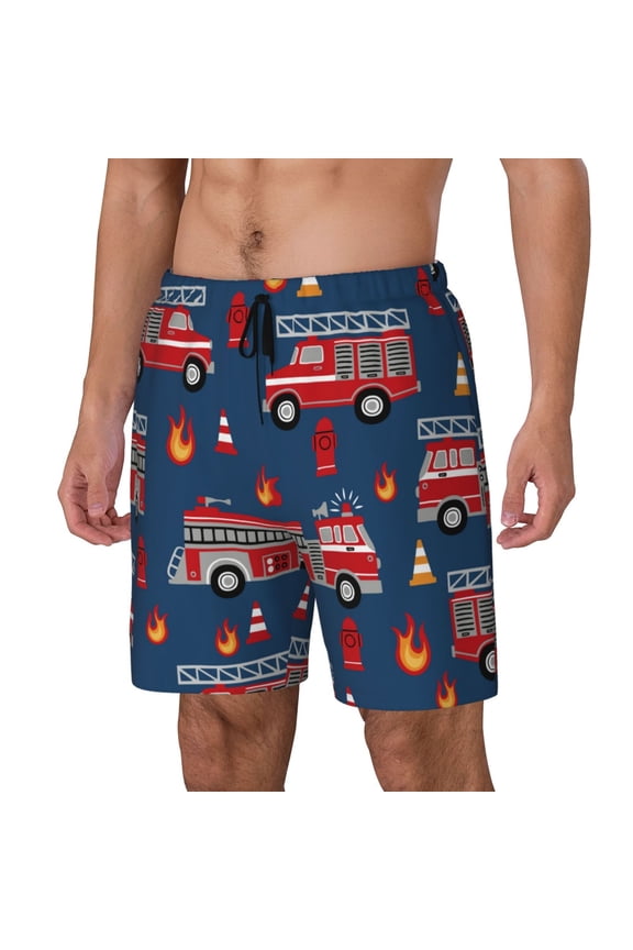 Fire Truck 1 Print Men's Swim Trunk,Quick Dry Board Shorts ,Men's Swim Trunks with Compression Liner, Bathing Suits with Pockets-XX-Large