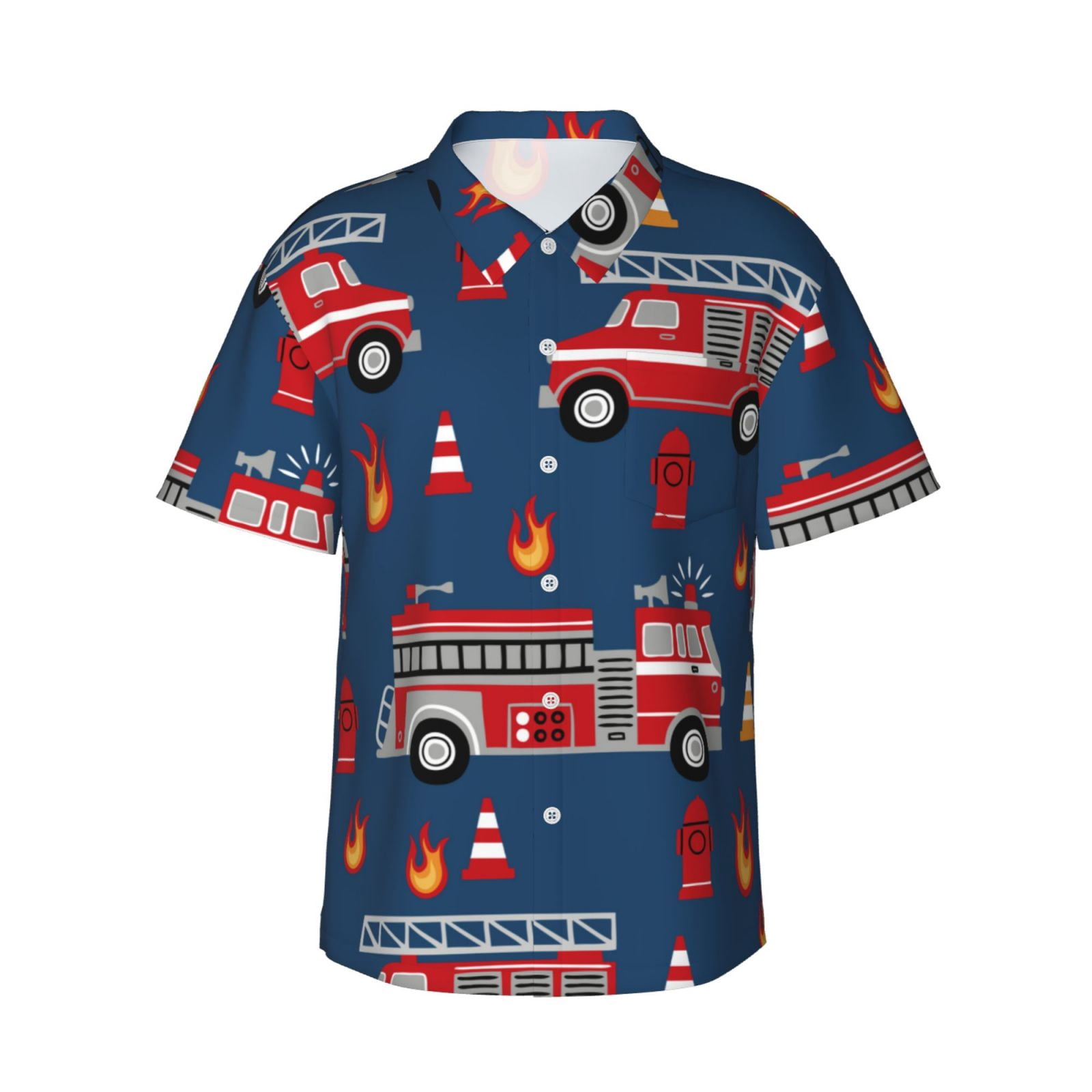 Logiee Fire Truck 1 Print Mens Hawaiian Shirts,Loose-Fit Short Sleeve Button Down Tropical Aloha Beach Shirt,Summer Vacation Wedding Tops,3X-Large
