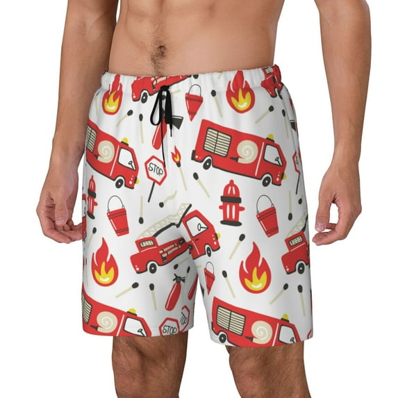 Logiee Fire Truck Print Men's Swim Trunk,Quick Dry Board Shorts ,Men's Swim Trunks with Compression Liner, Bathing Suits with Pockets-Large