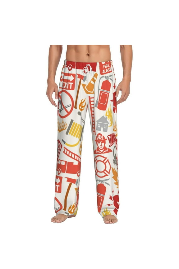 Firefighter Icons Print Pajama Pants for Men,Men’s Pajama Bottoms,Mens PJ Pants with Pockets & Button Fly-Small