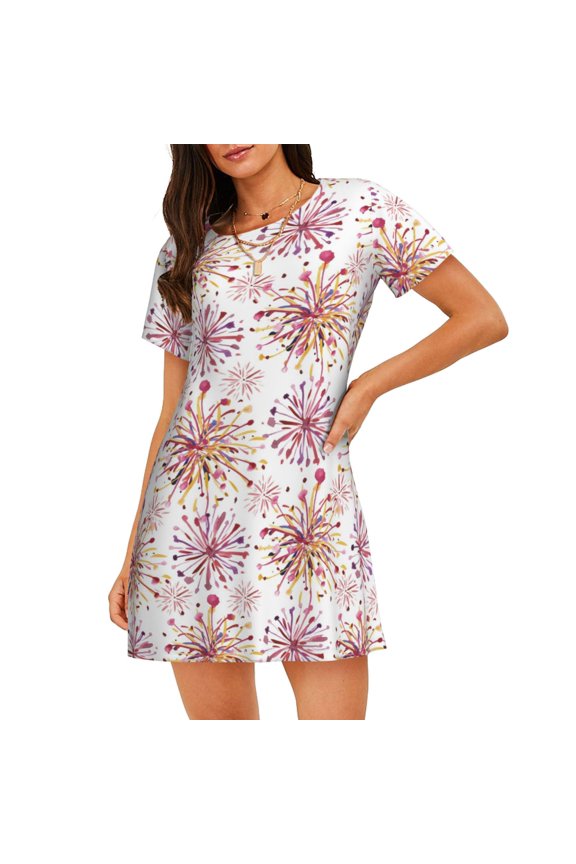 Fireworks Print Nightgowns for Women,Soft Short-Sleeved Lightweight Sleepwear, Loose Sleepshirts