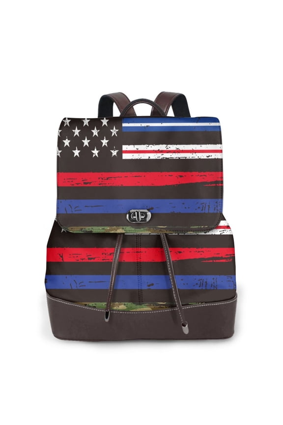 Logiee First Responder American Flag Print Backpack Purse for Women,Fashion Leather Backpack Purse,Women's Leather Backpack for Work College Travel