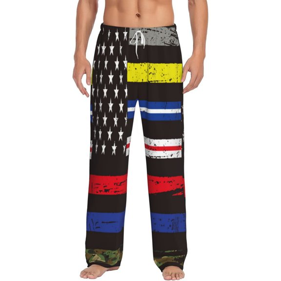 Logiee First Responder American Flag Print Pajama Pants for Men,Men’s Pajama Bottoms,Mens PJ Pants with Pockets & Button Fly-Medium