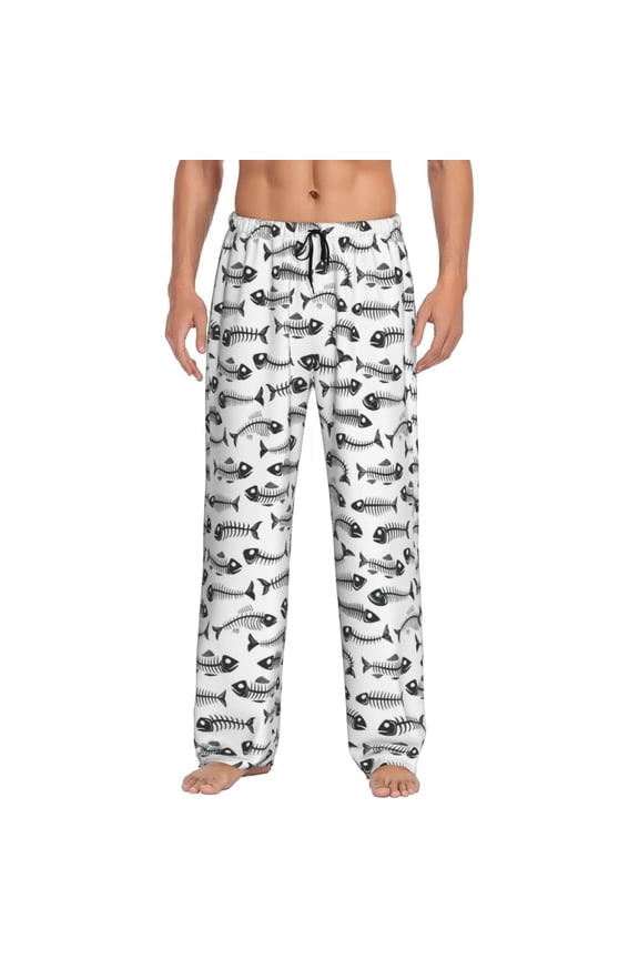 Fish Bones Print Pajama Pants for Men,Men’s Pajama Bottoms,Mens PJ Pants with Pockets & Button Fly-Small