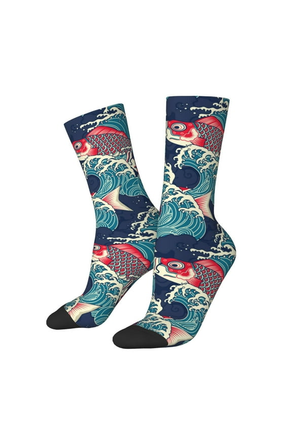 Fish In The Wave Print Adult Socks for Men & Women,Calf Socks, Ankle Socks,Boots Socks,Breathable Casual Sock,Unisex Crew Socks