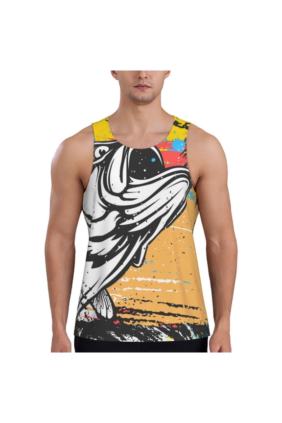Fishing Bass Print Men's Workout Tank Top,Quick Dry Workout Tank Top,Gym Muscle Tee,Fitness Bodybuilding Sleeveless T Shirt-3X-Large
