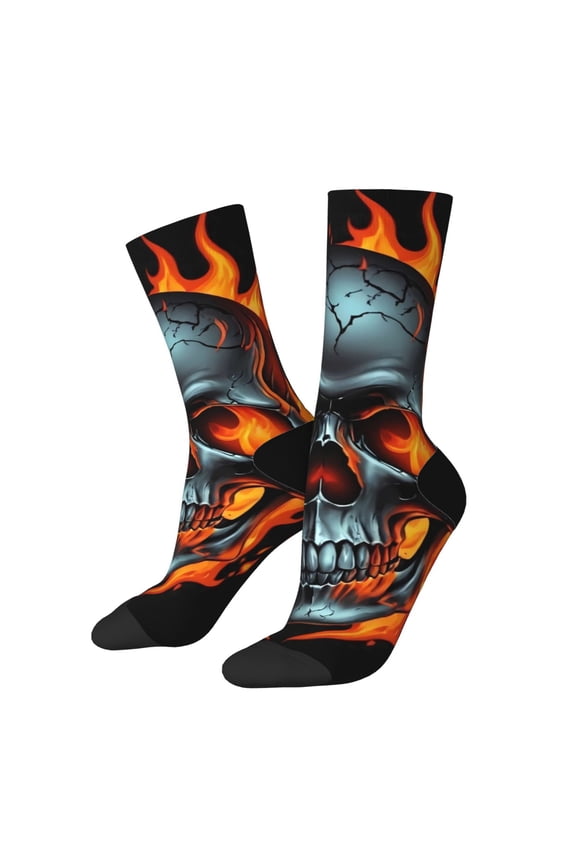 Flame Metal Skull Print Adult Socks for Men & Women,Calf Socks, Ankle Socks,Boots Socks,Breathable Casual Sock,Unisex Crew Socks