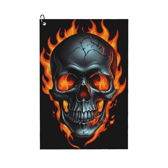 Logiee Flame Metal Skull Print Golf Towels,16" x 24" Portable Golf Towel for Golf Bag with Carabiner Clip to Quickly Remove Sand,Mud and Sweat