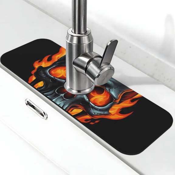 Logiee Flame Metal Skull Print Kitchen Sink Splash Guard Faucet Mat for Splash Guard Behind Faucet Drip Catcher for Kitchen,Bathroom,Sink Mat,Dish Drying Mat,Bathroom-15" X 5.5"