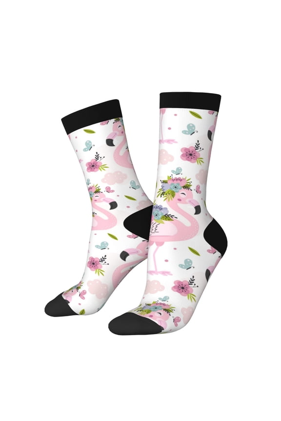 Flamingo And Flowers Print Adult Socks for Men & Women,Calf Socks, Ankle Socks,Boots Socks,Breathable Casual Sock,Unisex Crew Socks