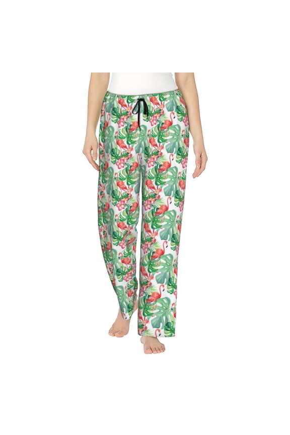 Flamingo And Monstera Print Women Pajama Pants,Comfy Pj Bottom with Pockets & Drawstring,Stretch Casual Sleepwear-Small