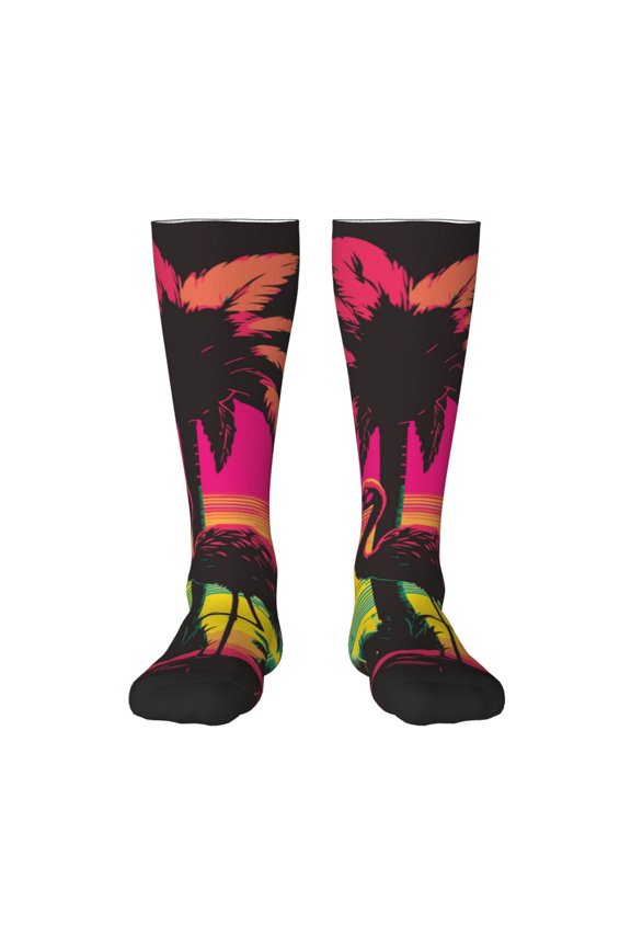 Flamingo And Palm Trees At Sunset Print Gift Stocking Stuffers,Adult Stockings,Novelty Socks,Funny Socks Birthday Running Walking Sleeping