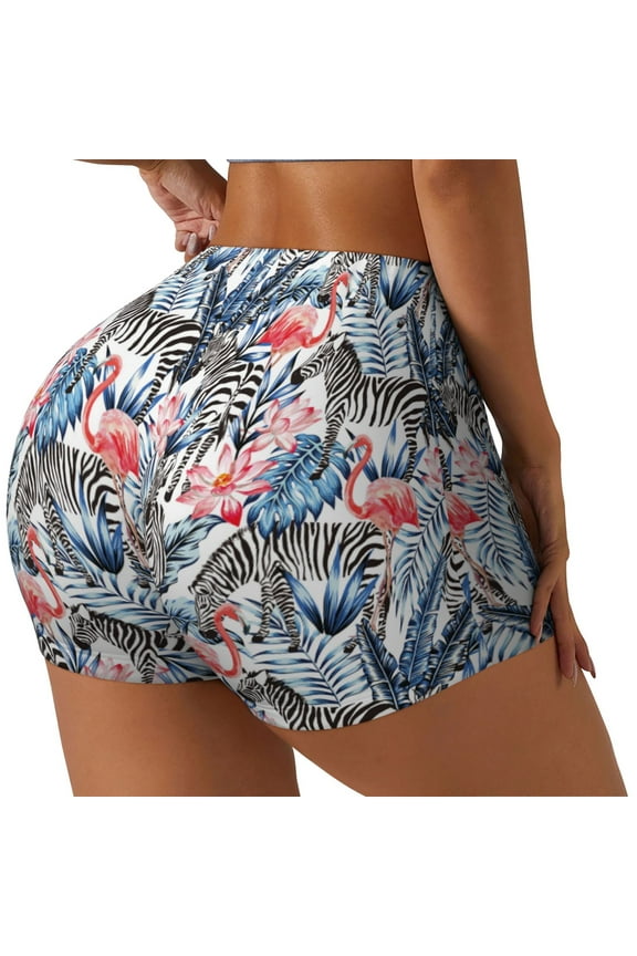 Flamingo And Zebra Print Women's Biker Shorts,Workout Gym Shorts,Scrunch Shorts,Tummy Control Hidden Scrunch Running Yoga Shorts-XX-Large