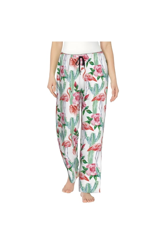 Flamingo Flower Print Women Pajama Pants,Comfy Pj Bottom with Pockets & Drawstring,Stretch Casual Sleepwear-X-Large