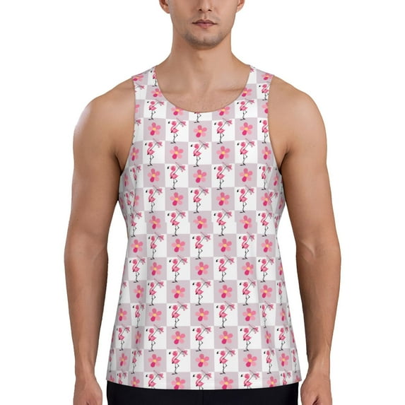 Logiee Flamingo On Checkered Print Men's Workout Tank Top,Quick Dry Workout Tank Top,Gym Muscle Tee,Fitness Bodybuilding Sleeveless T Shirt-3X-Large