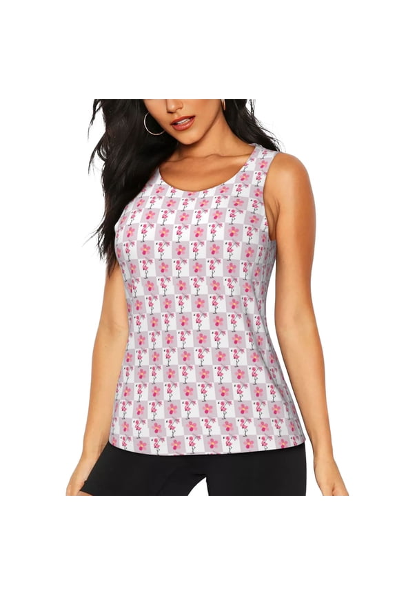 Flamingo On Checkered Print Women's Workout Tank Top, Dry Fit Summer Tank Top,Gym Yoga Workout Sports Tee,Sleeveless Athletic Shirts-Large